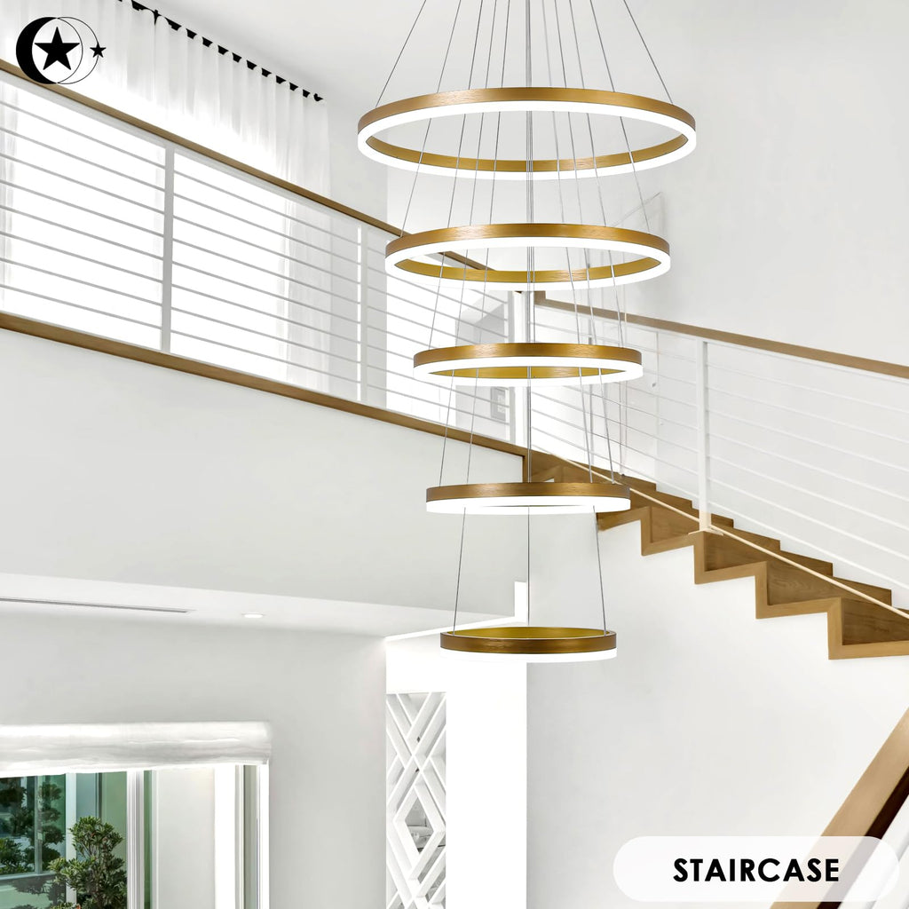 5-Rings Modern LED Chandelier Black Dimmable High Ceiling Chandelier for Dining Room with Remote Control for Foyer Living Room Entryway Staircase(D23.6’’, 3000K-6500K)