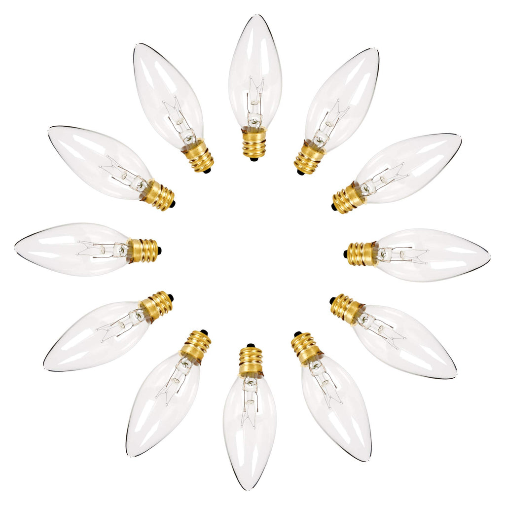 Holiday Joy C26 Christmas Crystal Clear Torpedo Tip Candelabra Replacement Night Light Bulbs - 7 Watt - 120 Volts - E12 (12 Pack) - Great for Electric Window Candle Light Bulbs Lamps