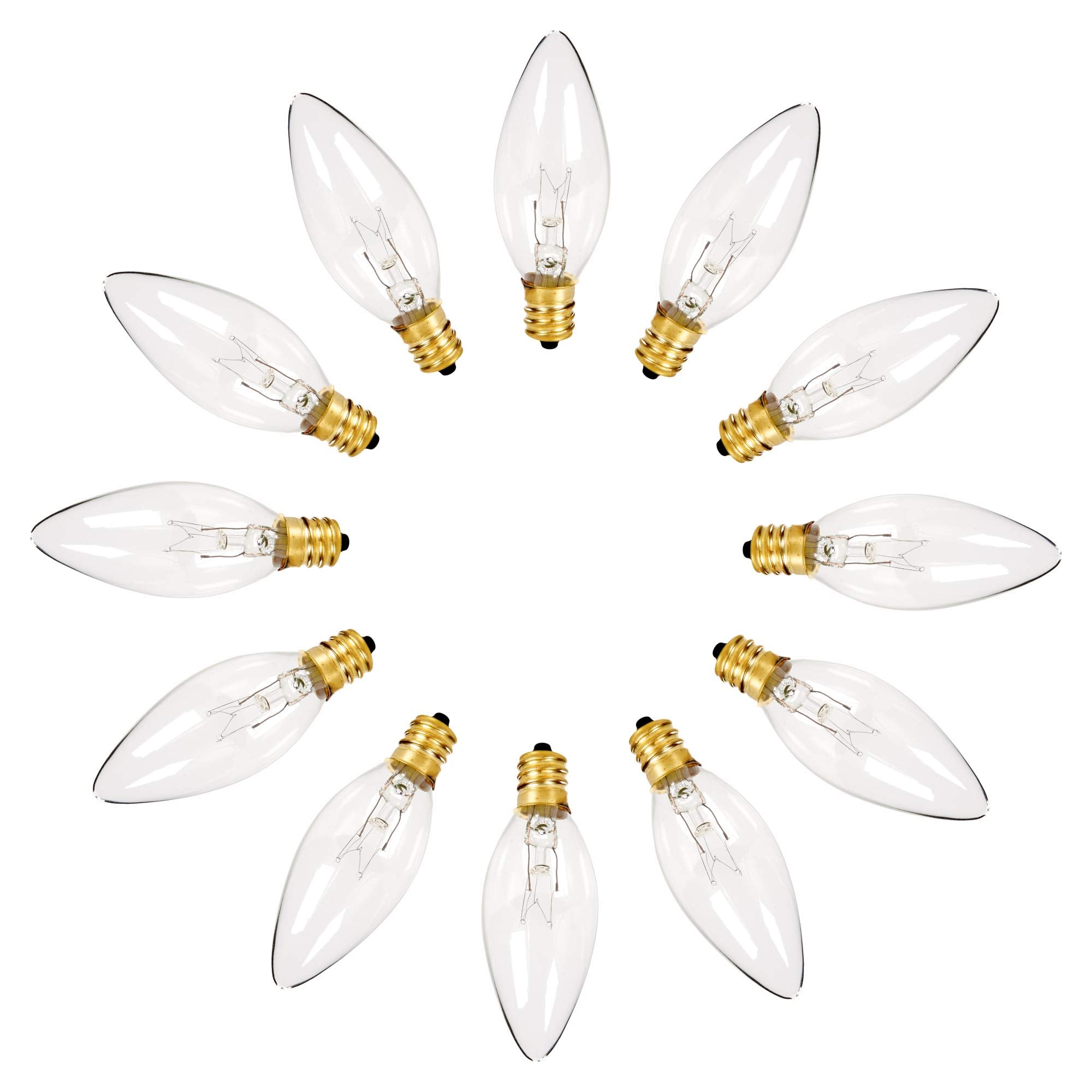 Holiday Joy C26 Christmas Crystal Clear Torpedo Tip Candelabra Replacement Night Light Bulbs - 7 Watt - 120 Volts - E12 (12 Pack) - Great for Electric Window Candle Light Bulbs Lamps