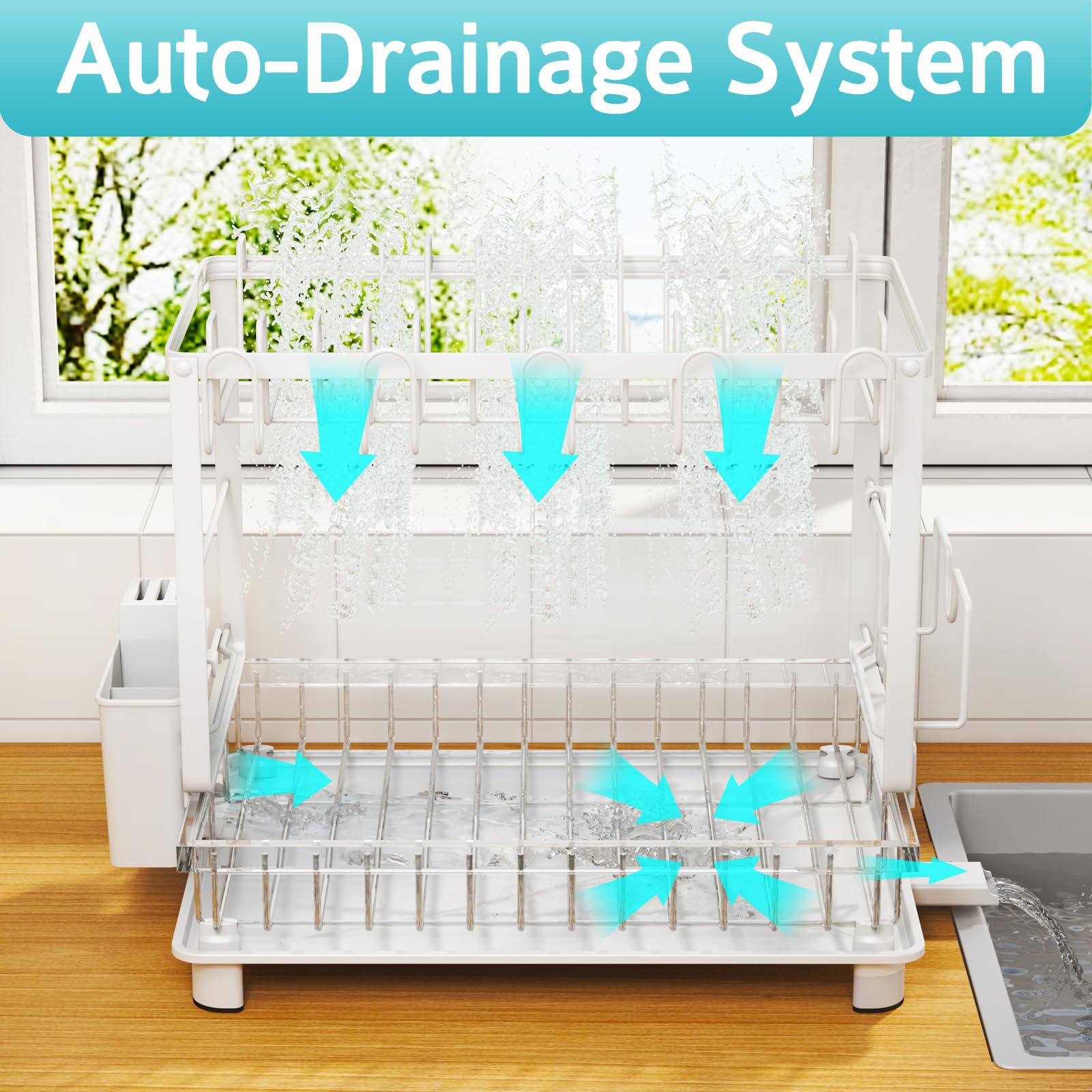 Dish Drying Rack, 2 Tier Space-Saving Dish Rack, Multifunctional Dish Drainer for Kitchen Counter with Drainboard/Utensil/Cup Holder Rustproof Carbon Steel, Black