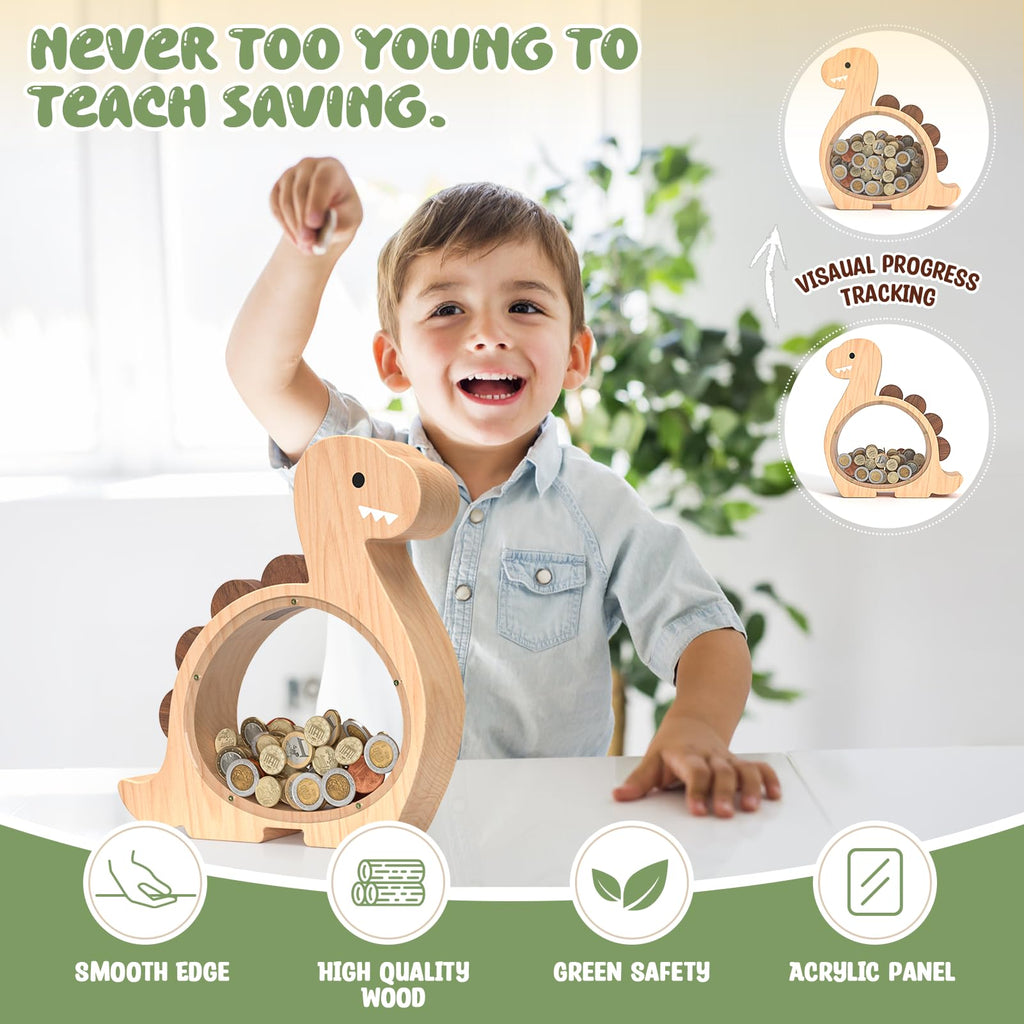 Summidate Wooden Dinosaur Piggy Bank for Kids Boys, Cute Wood Dino Money Bank for Toddlers, Creative Saving Coin Jar, Personalized Present for Child Birthday & Decor (Brachiosaurus, Custom)