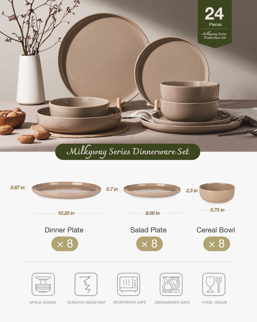 Famiware Pluto Stoneware Dinnerware Sets, 12-Piece Double Reactive Glaze Plates and Bowls Sets, Dishware Sets for Everyday & Formal Dining, Irregular Edge Dishes, Service for 4, Matte Beige White