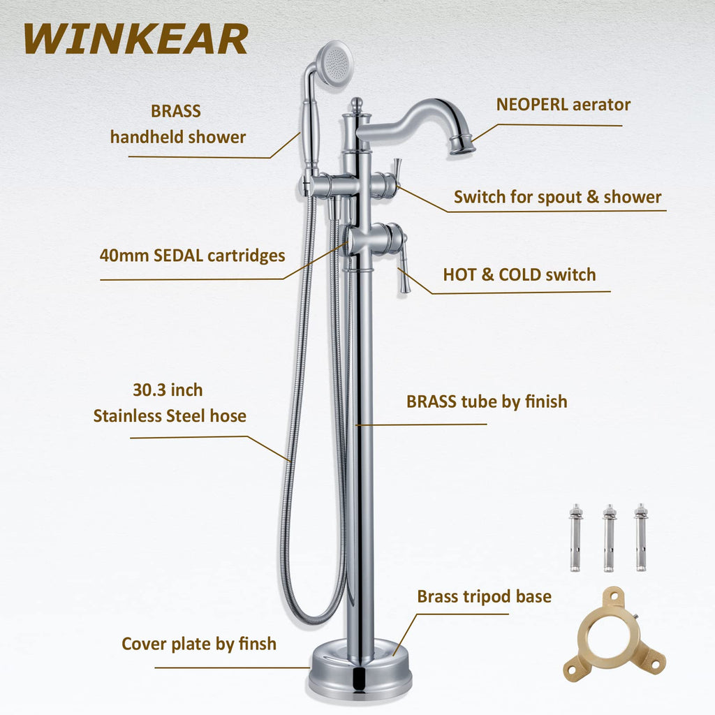 Freestanding Floor Mount Tub Filler with Handheld Shower Roman Bathtub Faucet by Brushed Gold Finish, Swivel Spout with Brass Rough-in and Water Hose
