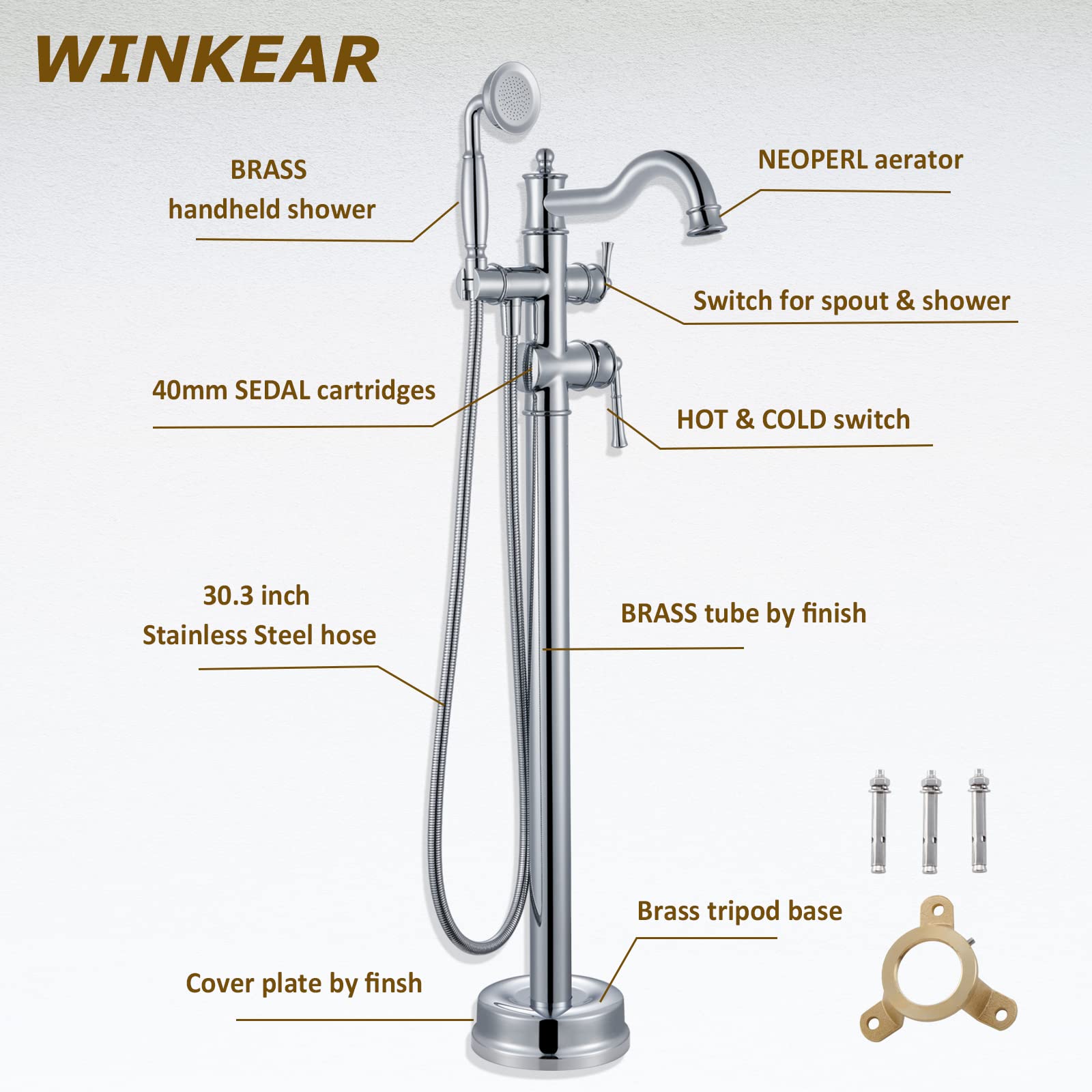 Freestanding Floor Mount Tub Filler with Handheld Shower Roman Bathtub Faucet by Brushed Gold Finish, Swivel Spout with Brass Rough-in and Water Hose