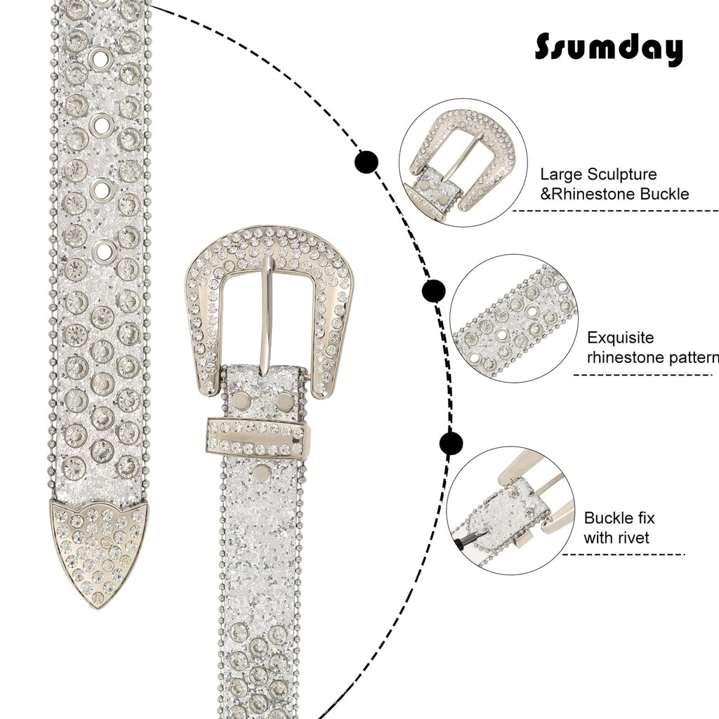 Men Women's Rhinestone Bling Studded 1.5" Leather Belts for Jeans Pants with Fashion Silver Buckle