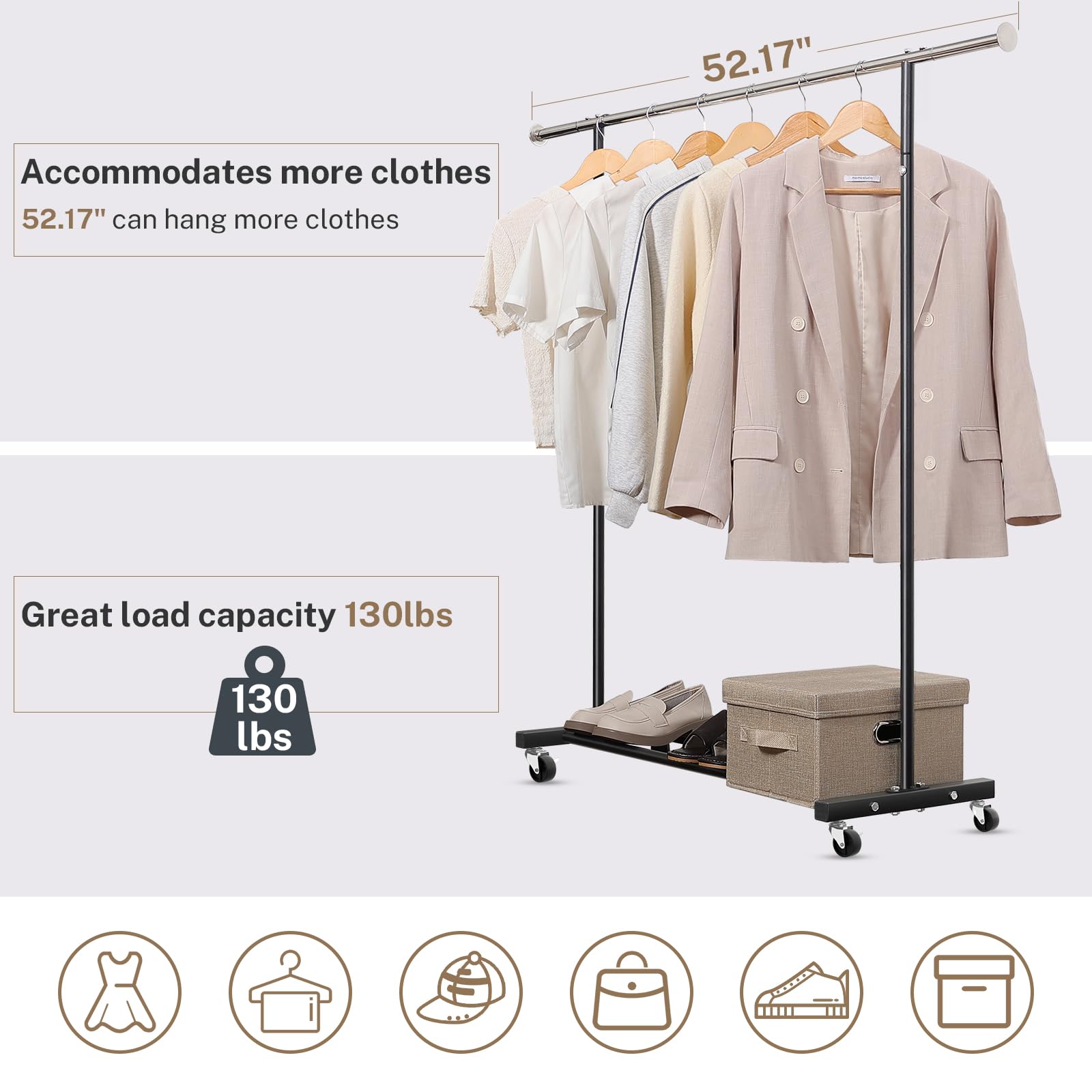 VICERII Clothing Rack, 55.51 Inch Heavy Duty Clothes Rack Rolling Garment Rack with Wheels and Bottom Shelf, 130LB Capacity Clothes Racks for Hanging Clothes, Coats, Shirts, Sweaters, Skirts, Black
