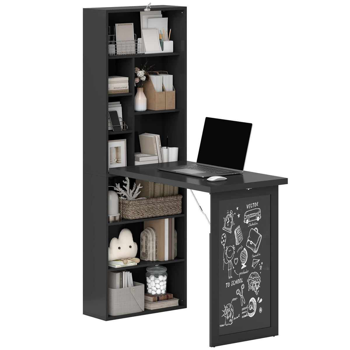HOMCOM Foldable Convertible Writing Table, Wall Mounted Space-Saving Computer Desk with Chalkboard and Storage Shelves for Small Spaces, Home Office, Bedroom, Dorm, Apartment, Black