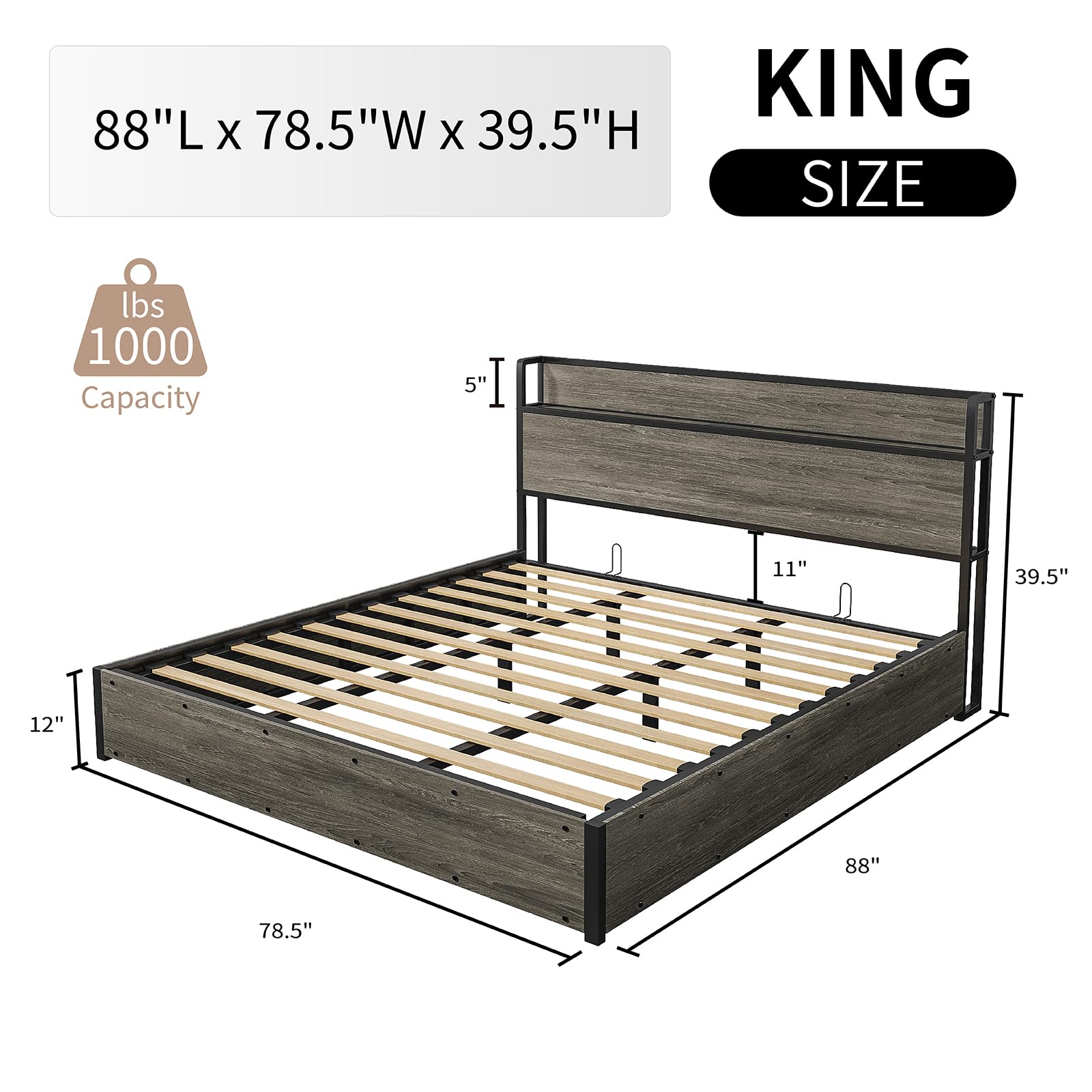 LUXOAK Full Size Lift Up Storage Bed, Wood Platform Bed Frame with Storage Headboard & Charging Station, No Box Spring Needed, Easy Assembly, Black