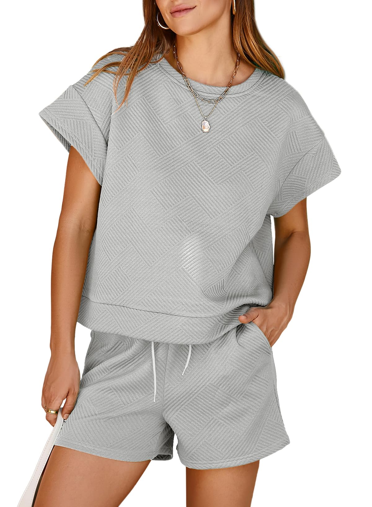 Dokotoo Women's 2 Piece Outfits Sweatsuit Casual Short Sleeve Pullover Tops and Drawstring Shorts Pants Lounge Sets