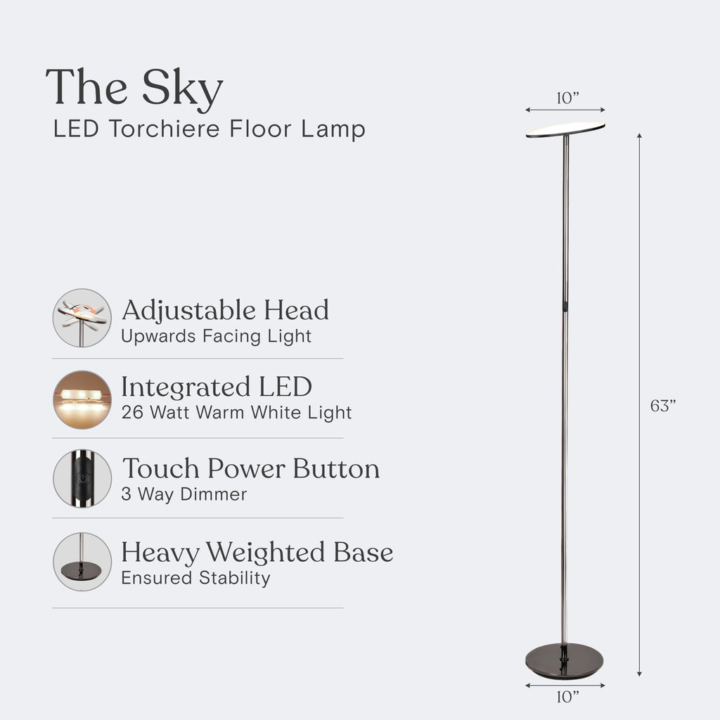 Brightech Sky LED Floor lamp, Torchiere Super Bright Floor Lamp for Living Room Decor & Office - Dimmable, Tall Standing Lamp with Warm Light for Bedroom & Reading - Bronze