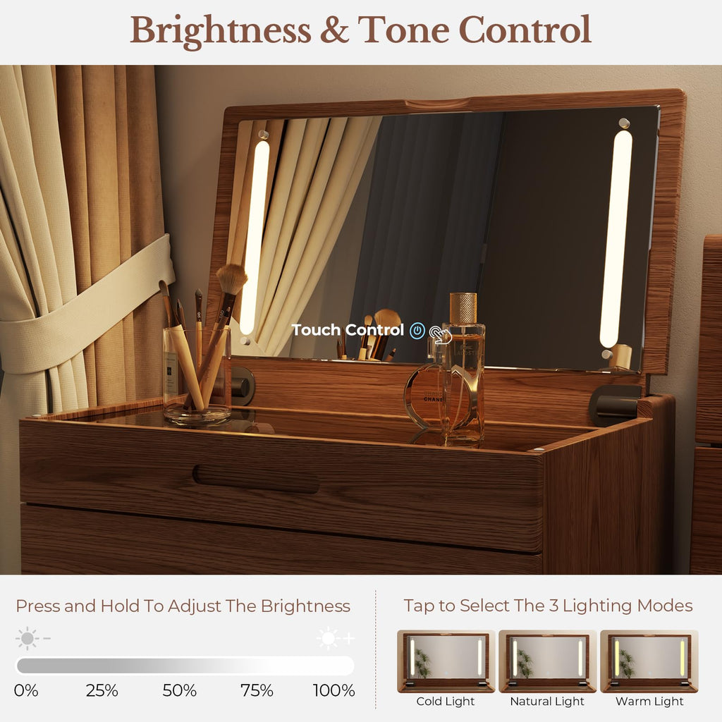 Muwuele Solid Wood Small Vanity Desk with Mirror and Lights, Narrow Makeup Vanity for Small Space, Flip Top Vanity Side Table, 3 Color Modes & Adjustable Brightness, 19.6" Slim Dressing Table, Black