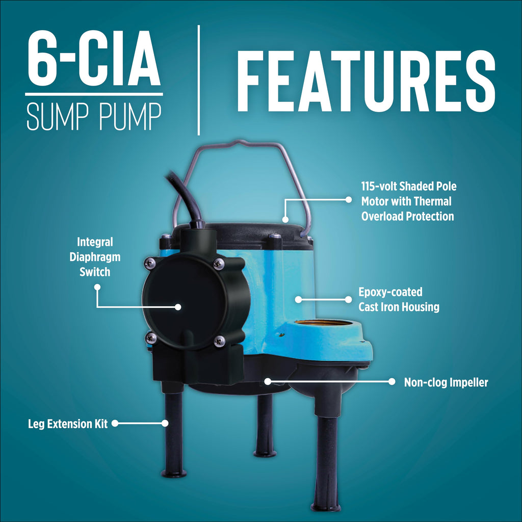 Little Giant 6-CIA 115 Volt, 1/3 HP, 2760 GPH Cast Iron Automatic Submersible Sump Pump with Integral Diaphragm Switch for Sump Systems, 10-Ft. Cord, Blue, 506158