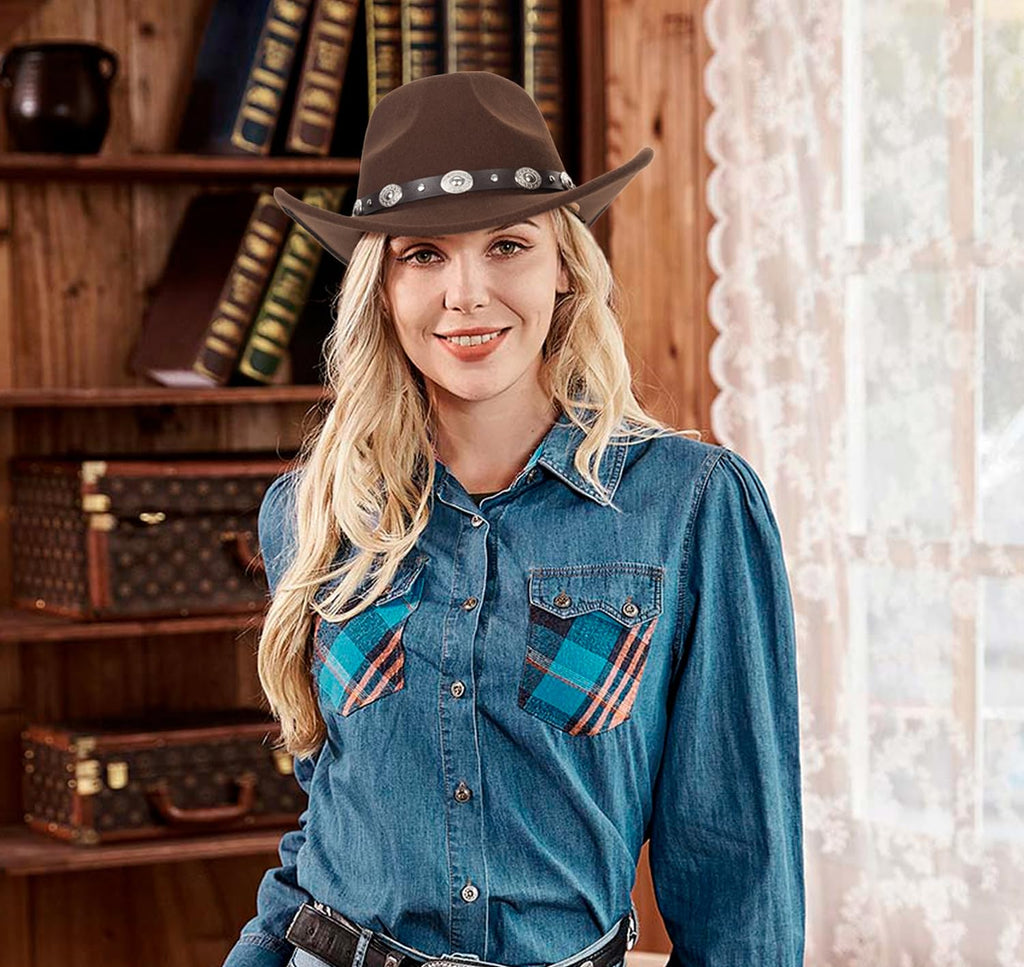 Eohak Womens Western Cowboy Hats Studded Pinched Western Cowgirl Hats Wide Brim Fedoras Hat with Belt Buckle (Size:Medium)