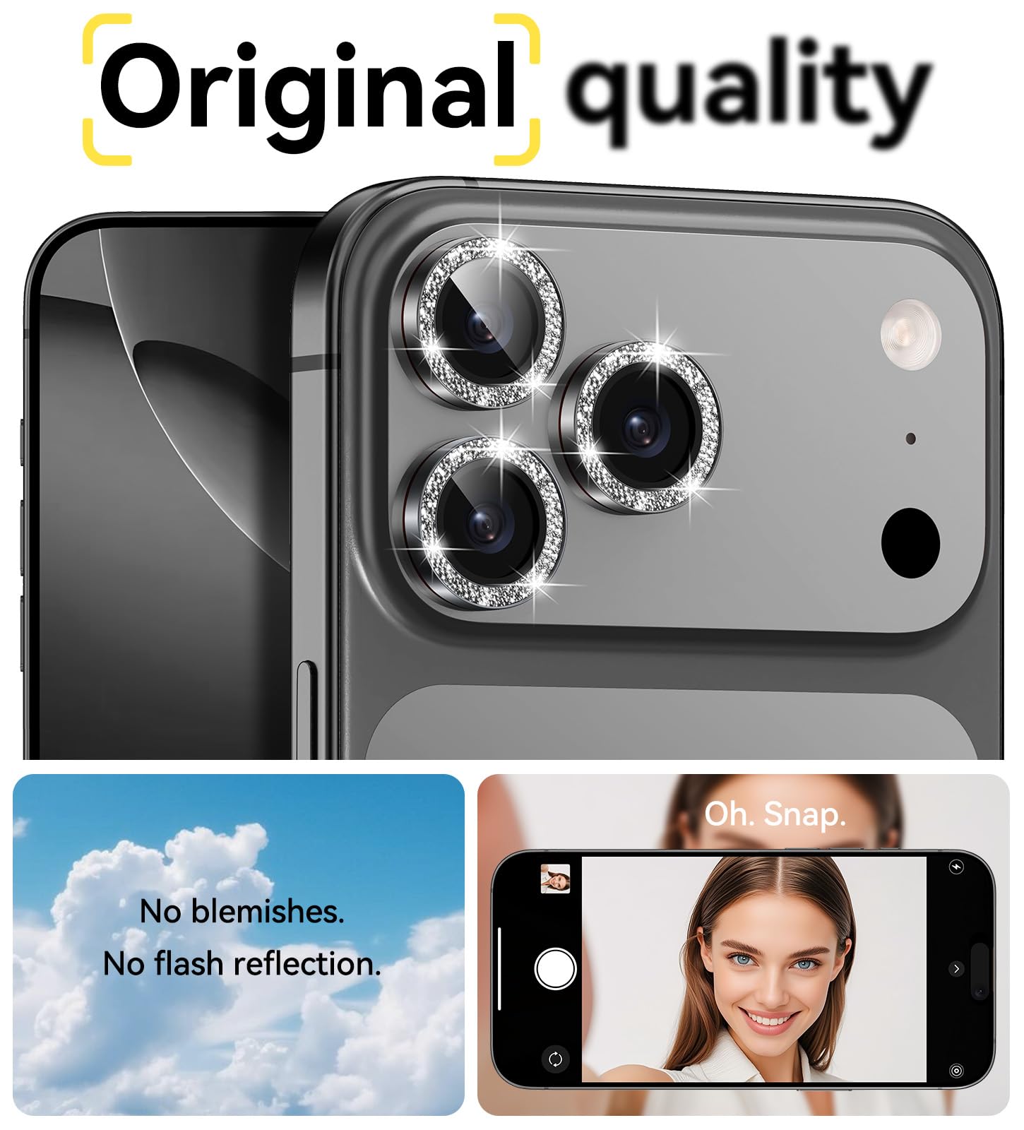Matekxy Glitter Camera-Lens Protector for iPhone-16 Pro-Max - 16 Pro Anti-Scratch Tempered Glass with Aluminum Edging, Cute Girly Metal Individual Bling Ring Cover for Women, Black Titanium