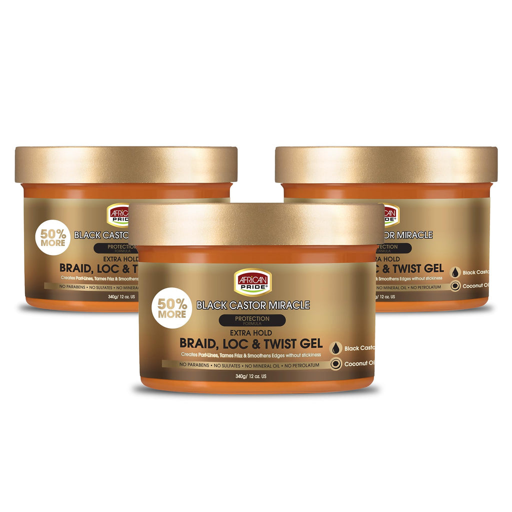 African Pride Black Castor Miracle Extra Hold Braid, Loc, Twist Gel - Extreme Hold Braiding Hair Gel, Edge Control & Tames Frizz, No Flake | Natural Ingredients, Coconut Oil | 8oz
