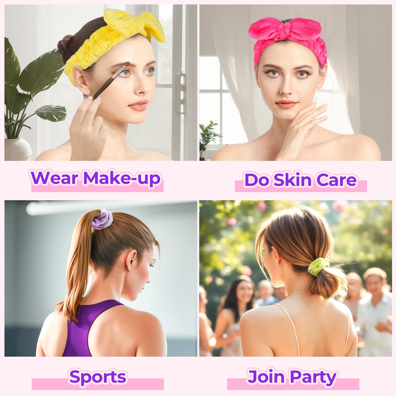 LEOBRO Spa Headband, 6pcs Makeup Headbands and Hair Scrunchies, Bow Skin Care Headband for Washing Face for Teen Girls Women, Easter Basket Valentines Gifts for Girls, Black & White & Gray