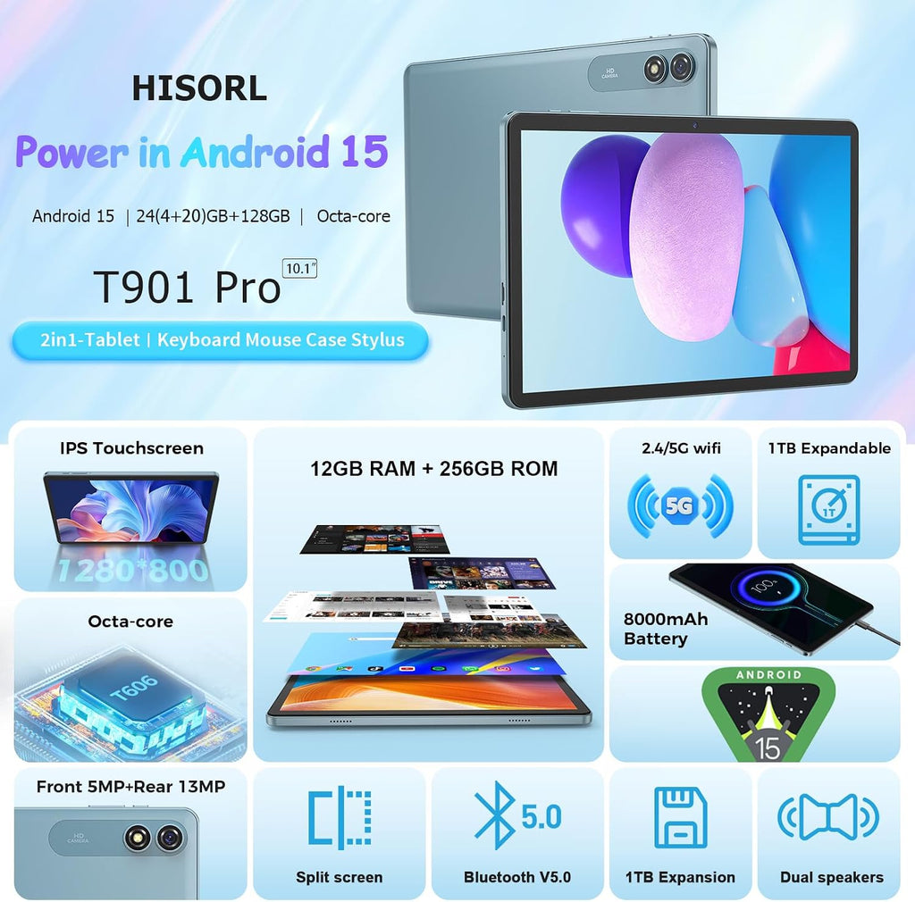 HISORL Android Tablet with Keyboard, Android 15 Tablet 10 inch with 24GB+128GB, 1TB Expand, 8-Core, 8000mAh, 5G WiFi, Widevine L1, GMS, with Case, Keyboard, Mouse, Stylus(Green)