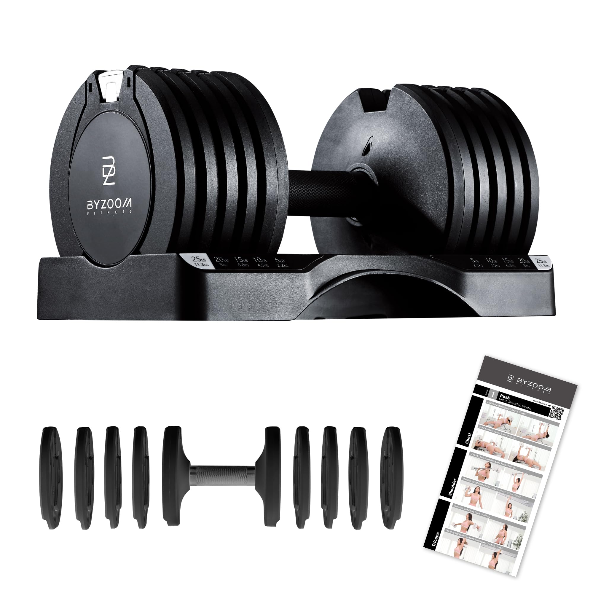BYZOOM FITNESS Pure Series Adjustable Dumbbell - 12.5/25/27.5/50/55/75lb - ONE UNIT OR PAIR(check QTY before purchase) - 5-in-1/ 10-in-1 / 15-in-1 / 21-in-1 Flexible Hand Weights for Home Apartment Garage Gym, Strength Training & Fitness Workouts, White O