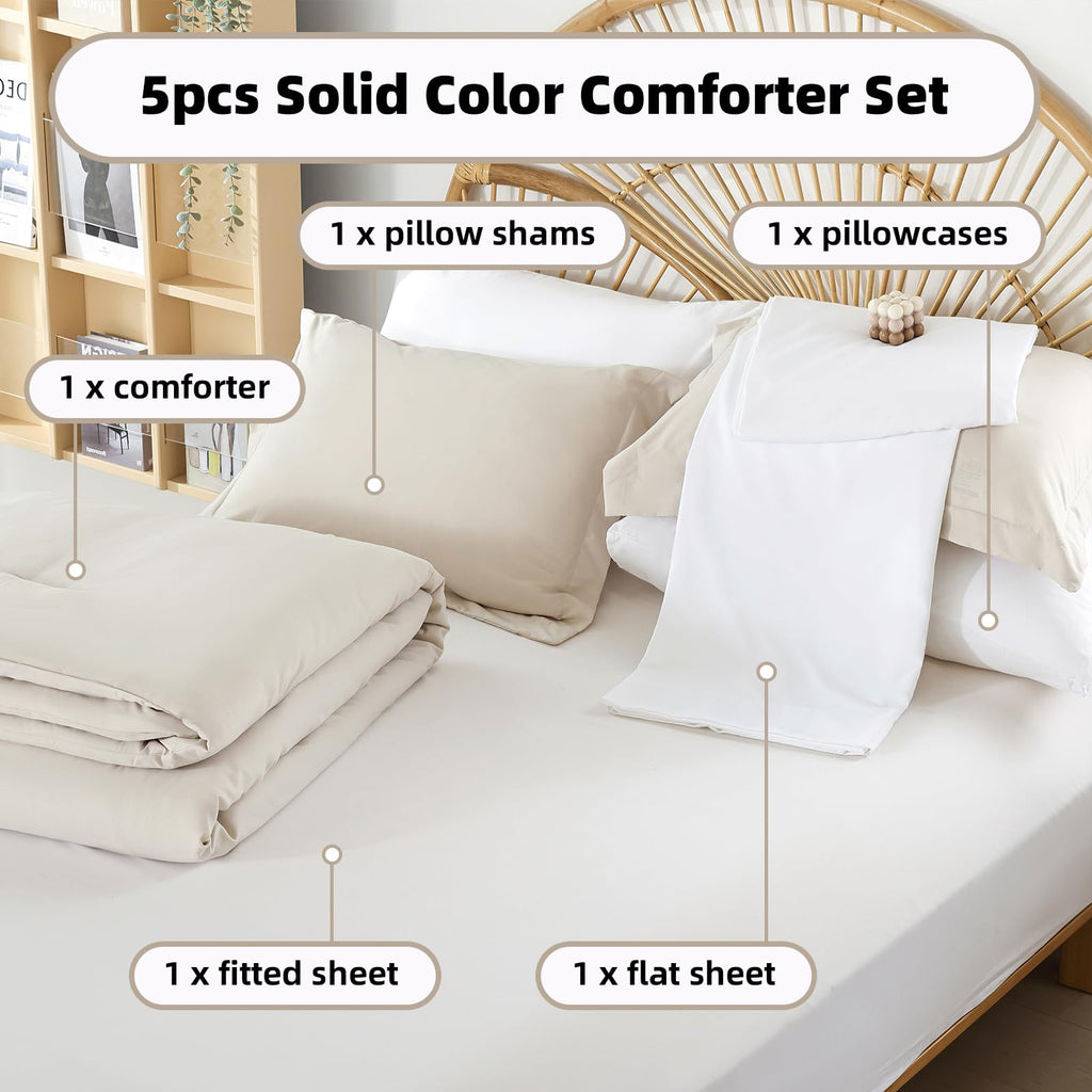 Beige Twin Comforter Set with Sheets - 5 Pieces Bed in a Bag Twin