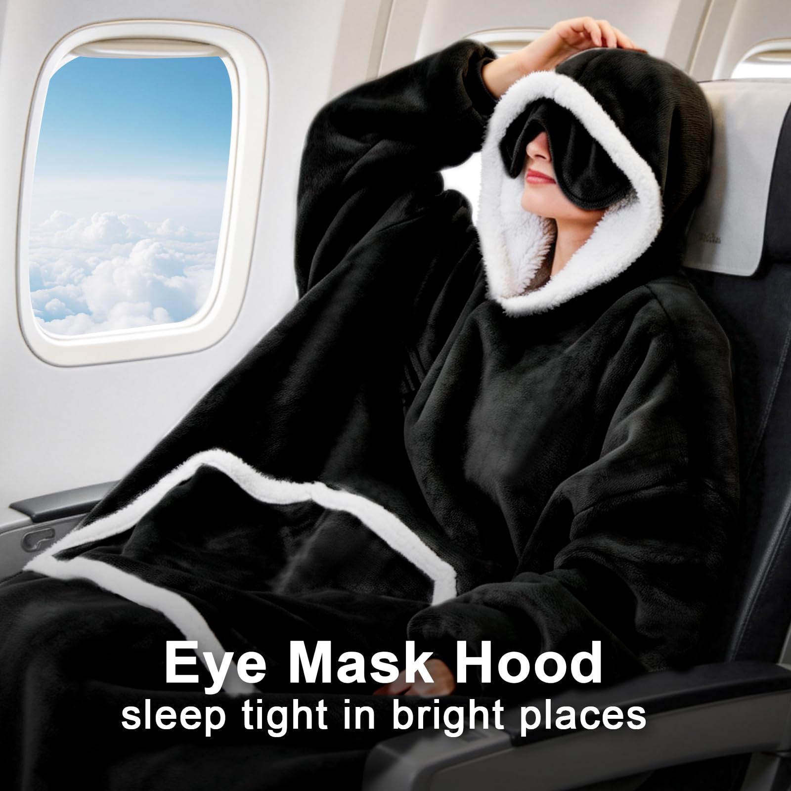 IFNOW Wearable Blanket Hoodie, Oversized Sherpa Fleece Hooded Sweatshirt with Eye Mask, Cozy and Giant Blanket Hoodie with Sleeves Extra Long for Adults Men Women, Black