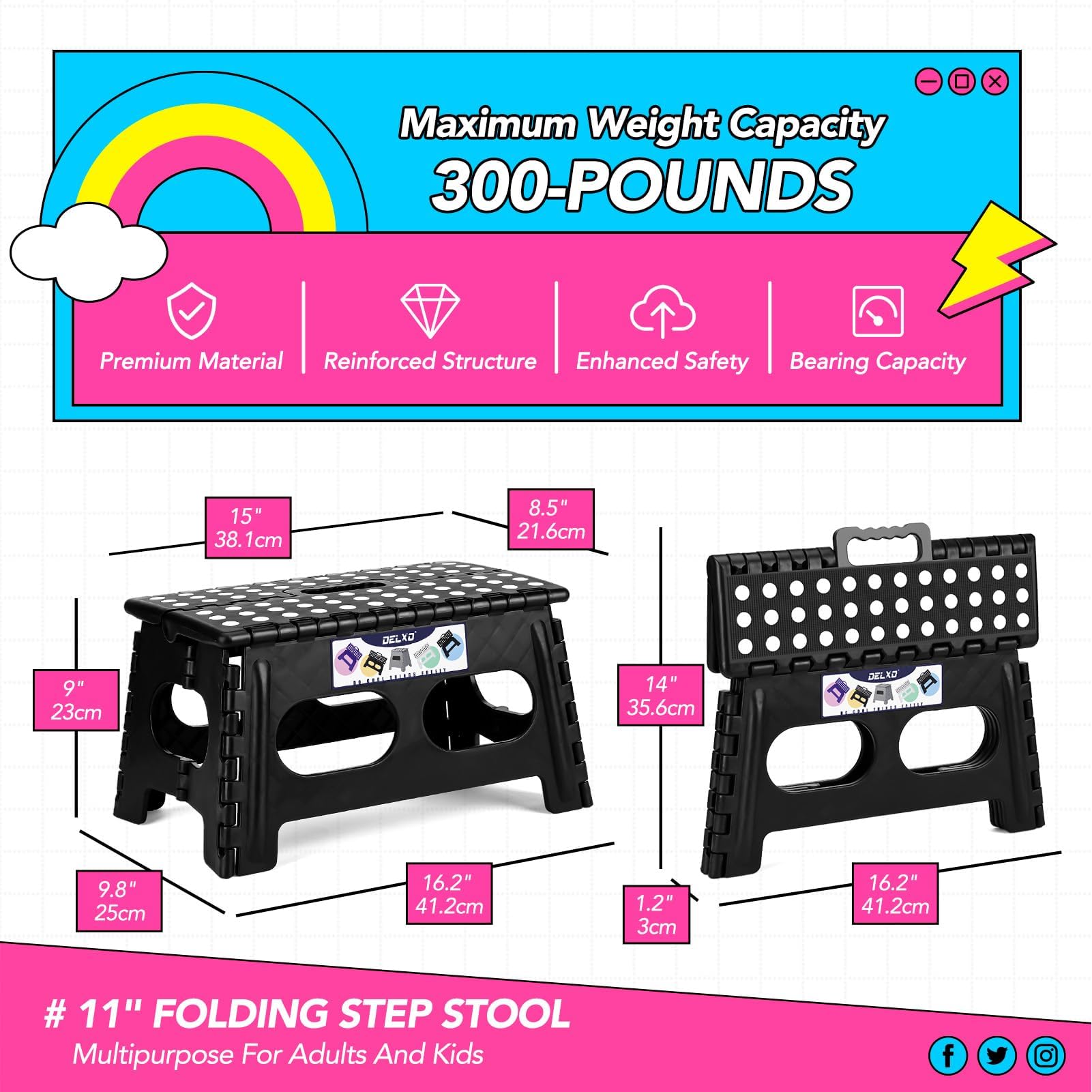 Delxo 11 inch 2 Pack Folding Step Stool, Non-Slip Foldable Stools Up to 300 LBS, Step Stool with Handle, Lightweight Collapsible stools for Kitchen, Bathroom, Bedroom, Garden (Black)