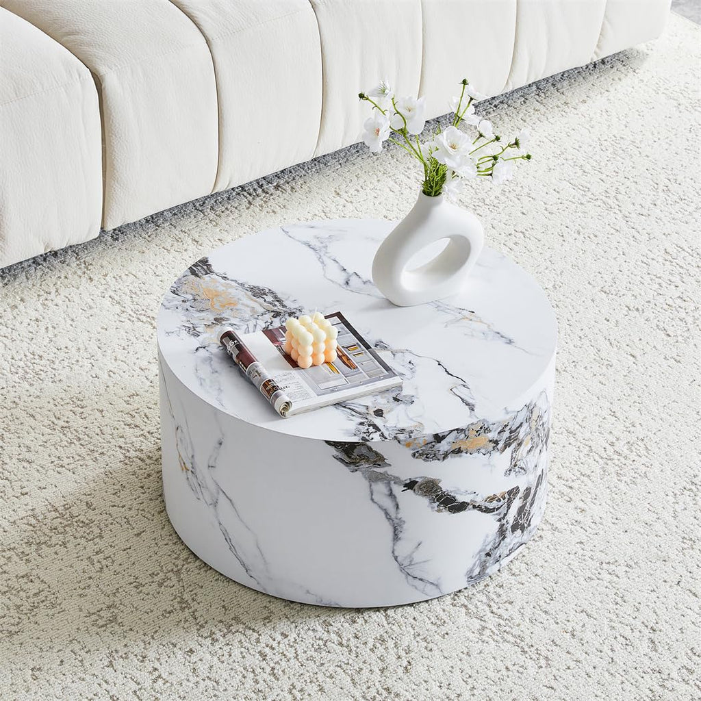 Round Coffee Table, 23.6" Modern Grey Faux Marble Drum Coffee Table, Round Accent Center Table for Living Room Apartment Small Spaces, No Assembly Required