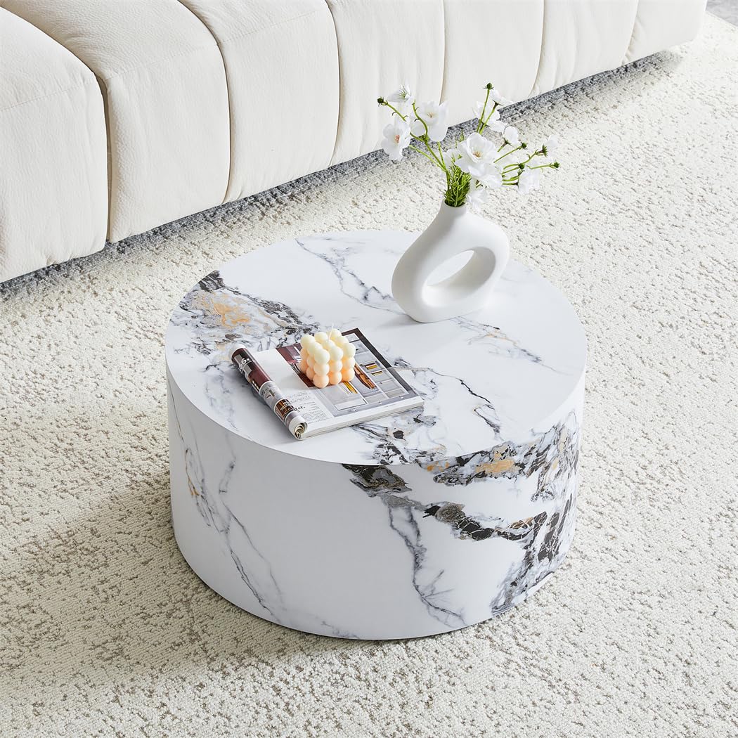 Round Coffee Table, 23.6" Modern Grey Faux Marble Drum Coffee Table, Round Accent Center Table for Living Room Apartment Small Spaces, No Assembly Required
