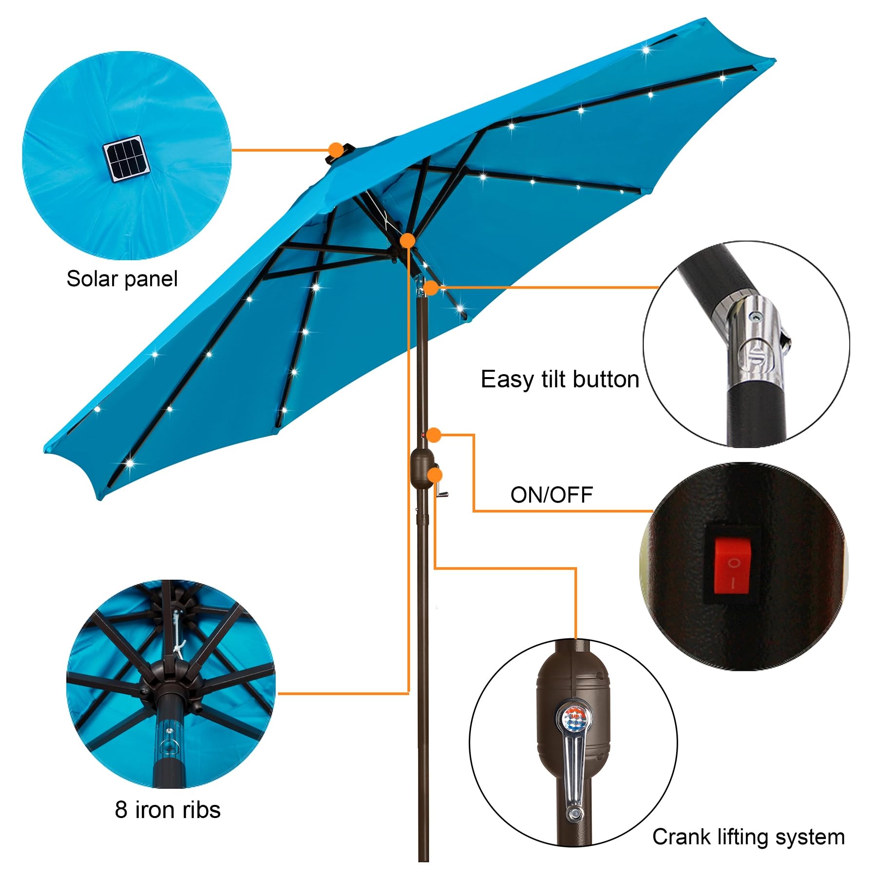 Blissun 9 ft Solar Umbrella, 32 LED Lighted Patio Umbrella, Table Market Umbrella, Outdoor Umbrella for Garden, Deck, Backyard, Pool and Beach (Light Blue)