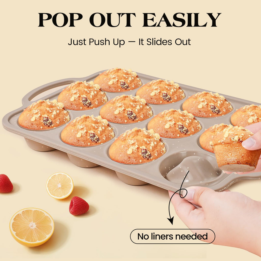 Vinino Silicone Muffin Pans for Baking with Metal Reinforced Frame, 12 Cups Regular Size Nonstick Brown Silicone Cupcake Pan, BPA Free Oven Dishwasher Safe Baking Mold for Muffins Cupcakes