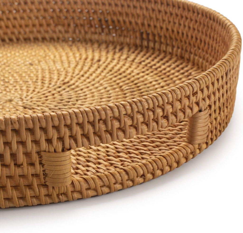 Round Rattan Serving Tray Decorative Woven Ottoman Trays with Handles for Coffee Table Natural (Small 11.8 inch x 2 inch)