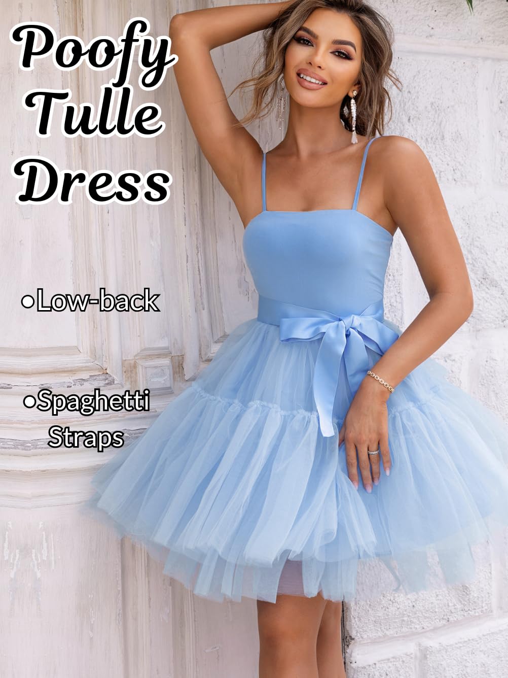 Kaei&Shi Poofy Short Tulle Dress,Spaghetti Strap Semi Formal Dresses for Women,Elegant Birthday Outfit Homecoming Cocktail