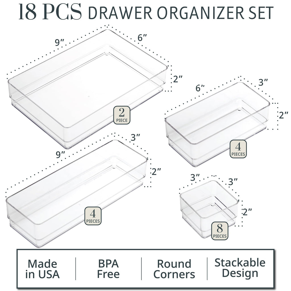 STORi SimpleSort 10-Piece Stackable Clear Drawer Organizer Set | Multi-size Trays | Makeup Vanity Storage Bins and Office Desk Drawer Dividers | Made in USA