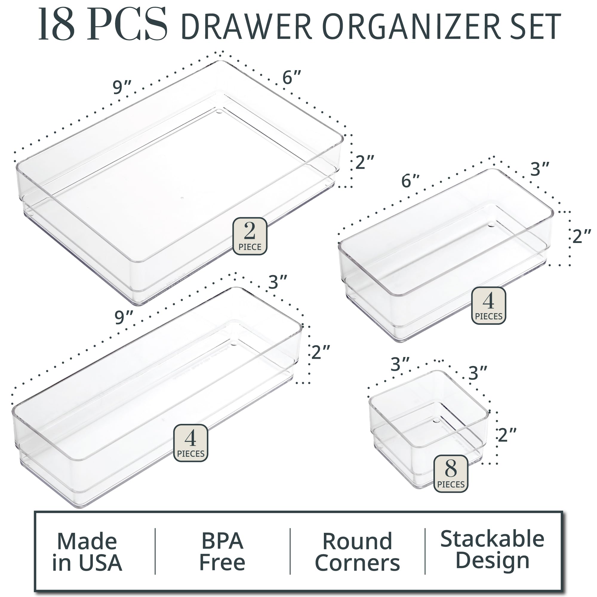 STORi SimpleSort 10-Piece Stackable Clear Drawer Organizer Set | Multi-size Trays | Makeup Vanity Storage Bins and Office Desk Drawer Dividers | Made in USA