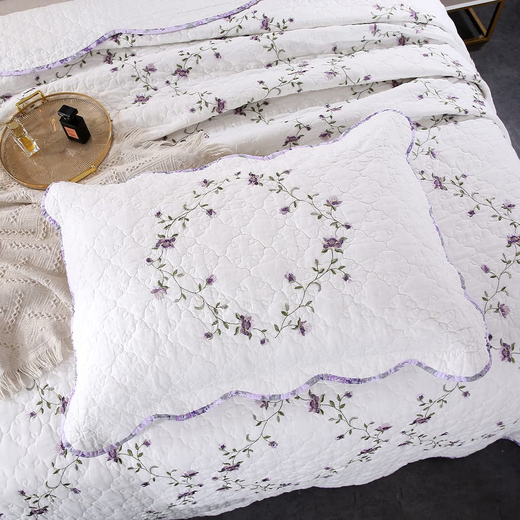 vctops 3-Piece Floral Embroidered Bedspread Coverlet Set Twin Size 100% Cotton Reversible Patchwork 1 Quilt and 2 Pillow Shams (Flower,Twin)