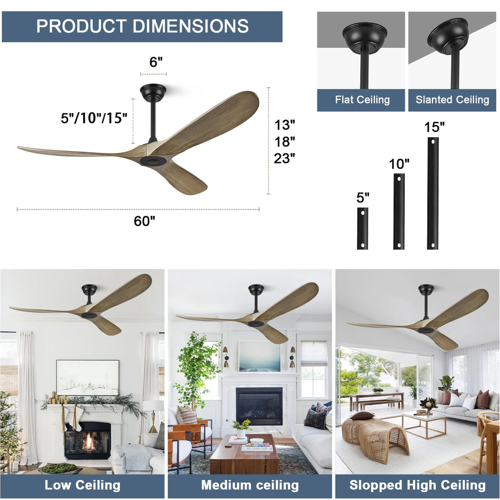 ABZ Ceiling Fans without Lights - 52 Inch Modern Ceiling Fans no Lights with Remote Control, Black 3 Blade Solid Wood Indoor Outdoor Ceiling Fans for Patios Living Room Bedroom