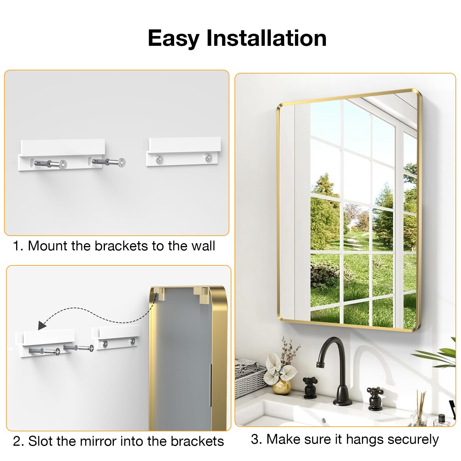 22x30 inch Gold Bathroom Mirror,Rounded Rectangle Gold Metal Framed, HD Tempered Glass, Horizontal or Vertical Hanging, Modern Bathroom Decor