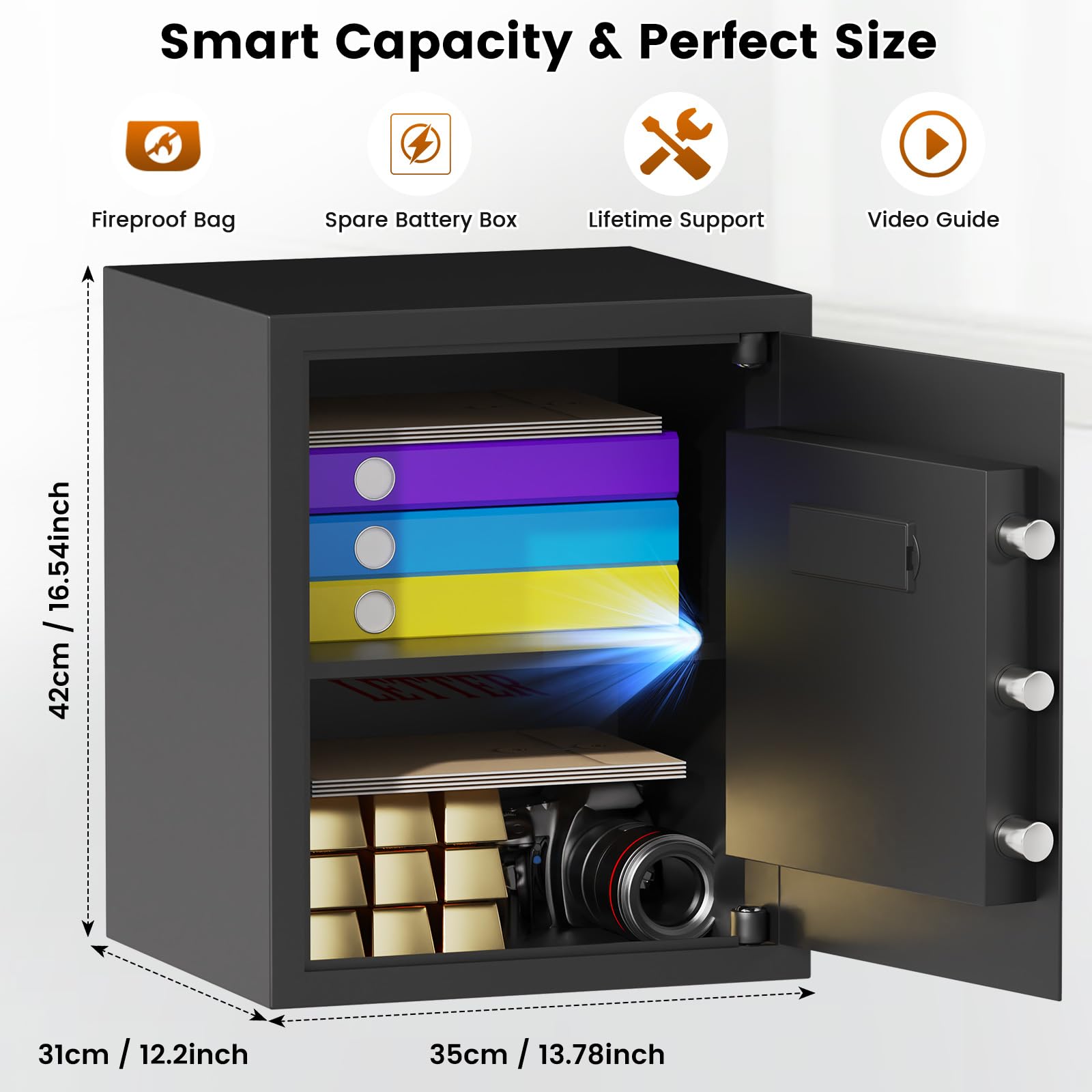 Home Safe Box, Safes with Fireproof Waterproof Bag, 9.84'' H Anti-Theft Digital Security Lock Box with Smart Alert System, Removable Shelf, Mute Function, Document Safes for Jewelry