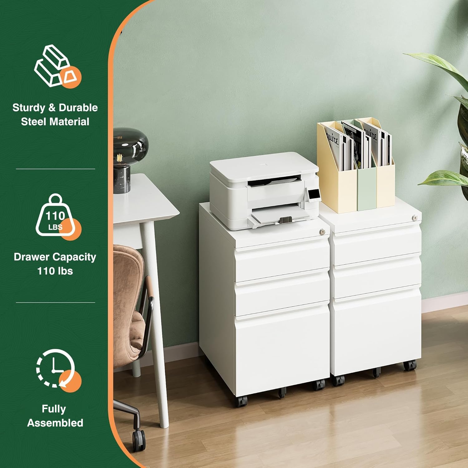 Letaya 3 Drawer Mobile File Cabinet with Lock,Under Desk Metal Small Filing Cabinets for Home Office Organizer Letters/Legal/A4(Fully Assembled Except Wheels-Black)