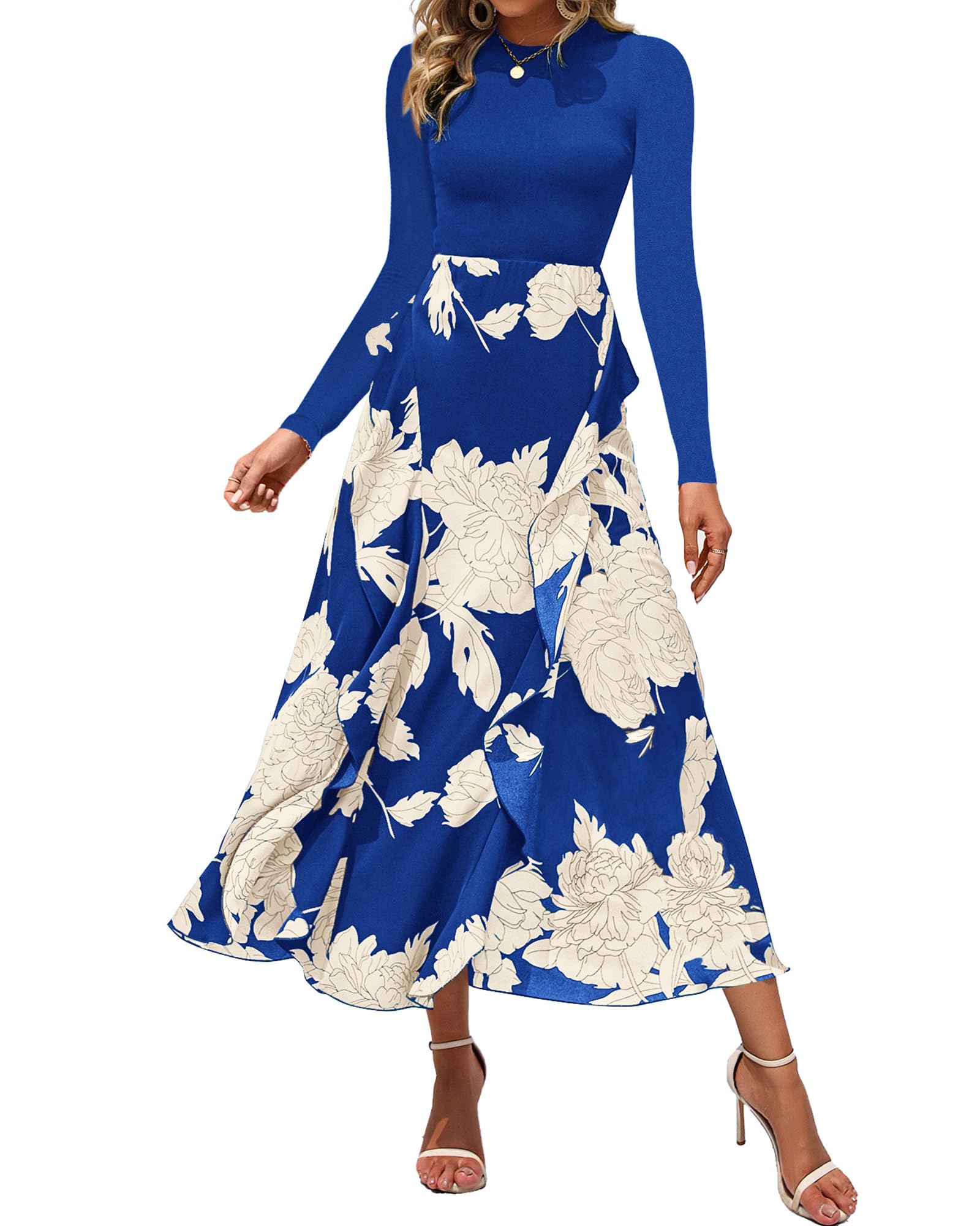BTFBM Womens Floral Maxi Dress Fall 2025 Casual Crewneck Long Sleeve Ruffle Flowy Cocktail Wedding Guest Dresses