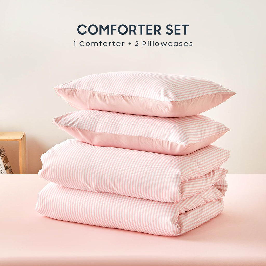 Wake In Cloud - Striped Comforter Set, Ticking Stripe Vertical Pinstripe Neutral Farmhouse Pattern Printed, Soft Lightweight Bedding, 3 Pieces, Blue White, Twin/Twin XL Size