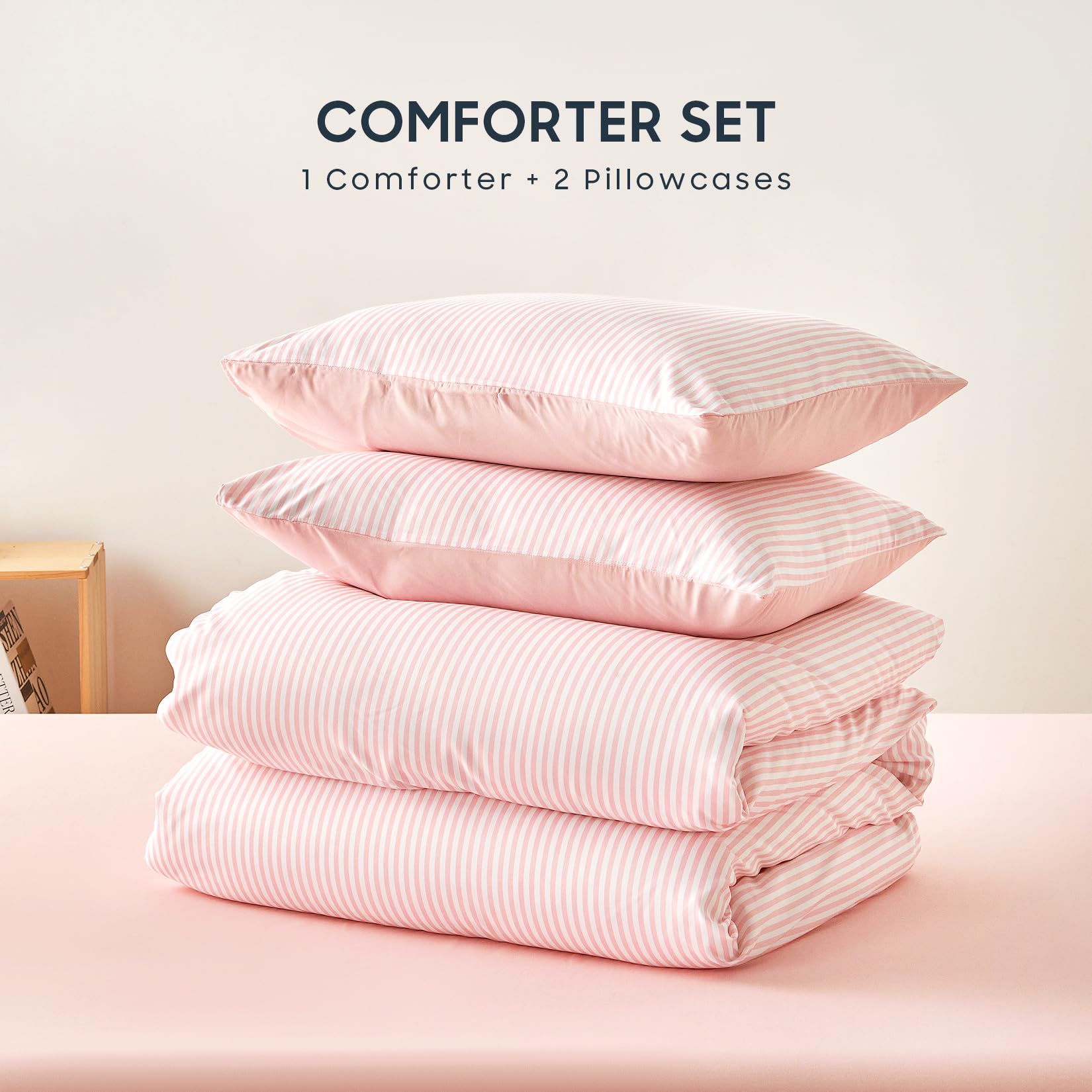 Wake In Cloud - Striped Comforter Set, Ticking Stripe Vertical Pinstripe Neutral Farmhouse Pattern Printed, Soft Lightweight Bedding, 3 Pieces, Blue White, Twin/Twin XL Size