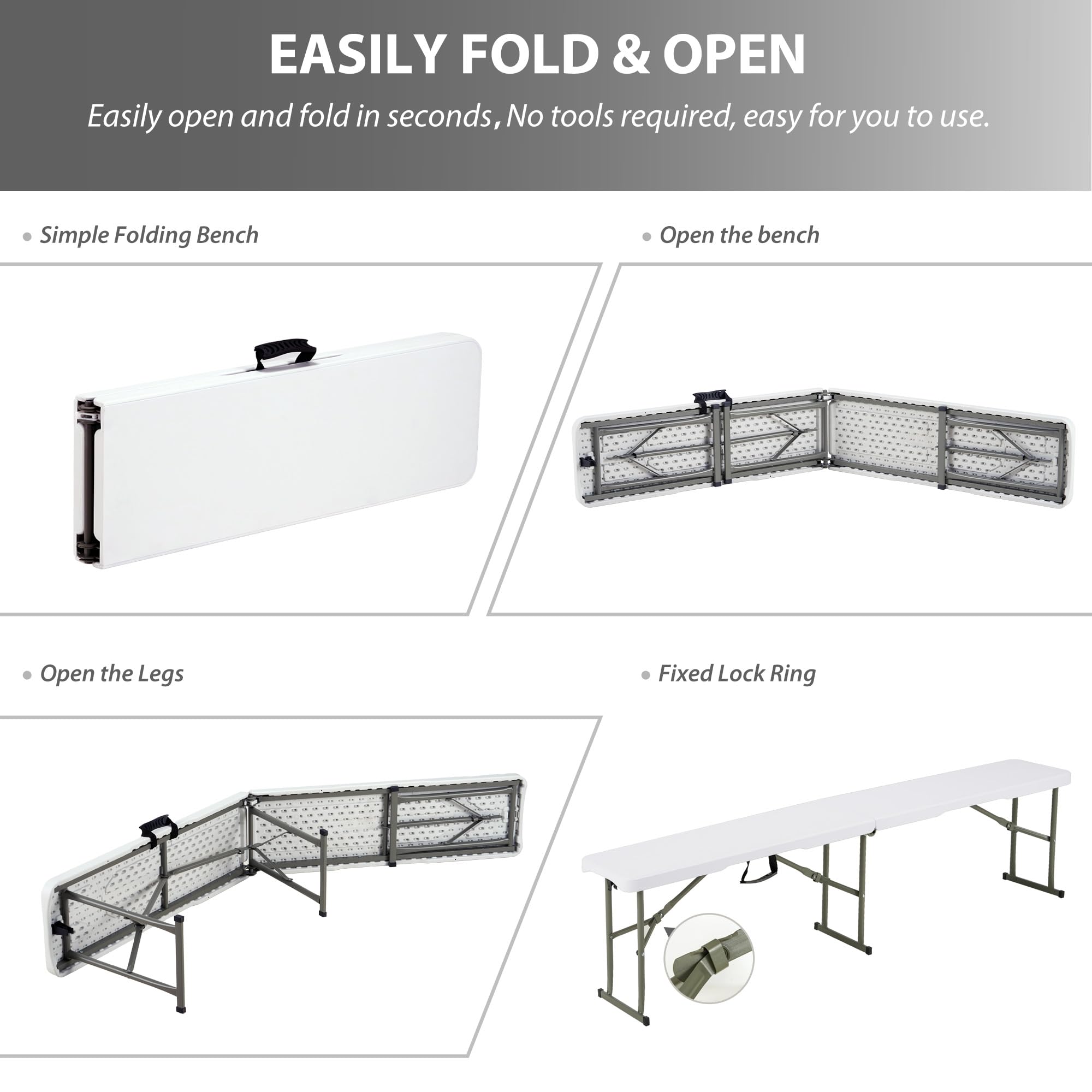 6ft Plastic Folding Bench with Carrying Handle & Lock, Portable Outdoor Bench in Garden Picnic Camping Dining Party Seat, Waterproof Bench for Soccer Activities, Firm and Durable (2Pack C)