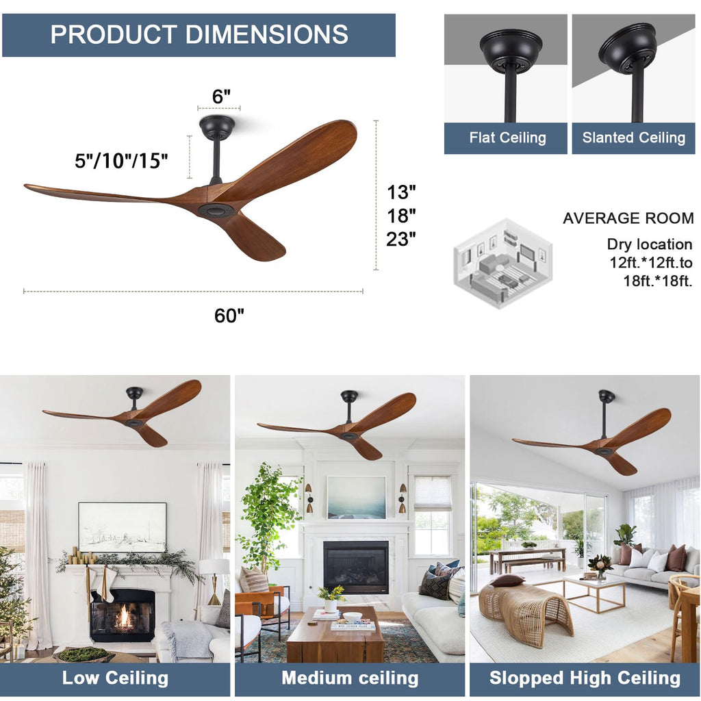 ABZ Ceiling Fans without Lights - 52 Inch Modern Ceiling Fans no Lights with Remote Control, Black 3 Blade Solid Wood Indoor Outdoor Ceiling Fans for Patios Living Room Bedroom