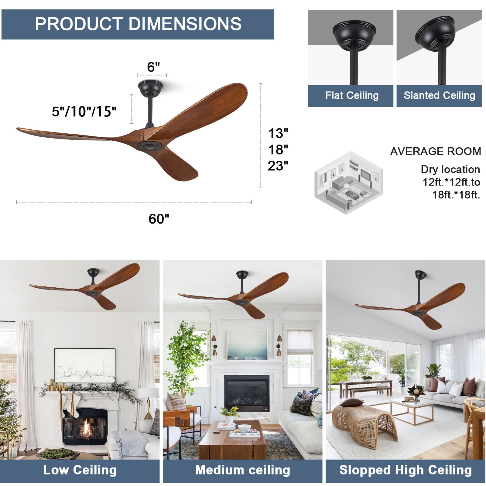 ABZ Ceiling Fans without Lights - 52 Inch Modern Ceiling Fans no Lights with Remote Control, Black 3 Blade Solid Wood Indoor Outdoor Ceiling Fans for Patios Living Room Bedroom