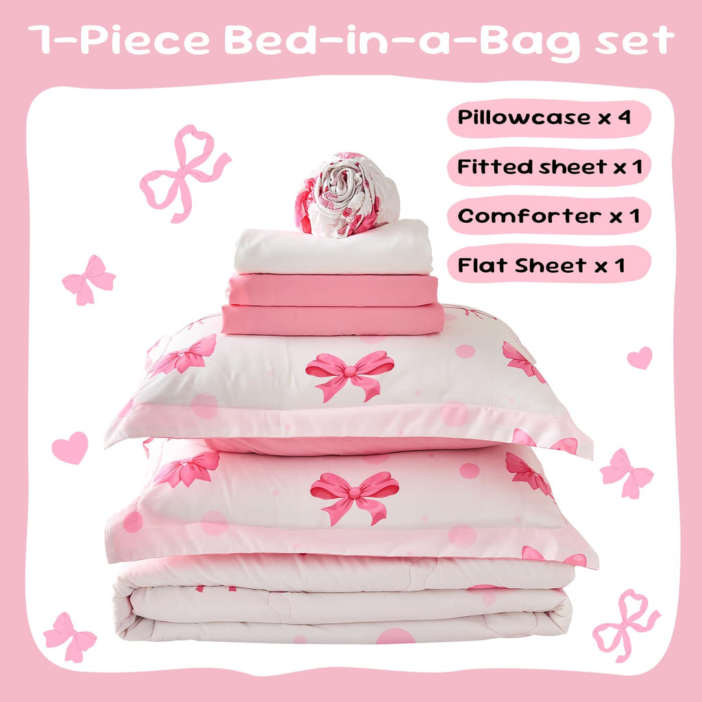 Wajade 7 Piece Blue Bow Comforter Set for Girls Kids Twin Size Bedding Set with Sheet and 2 Pillowcases 2 Pillow Shams Cute Girls Bed in a Bag as Birthday Choice