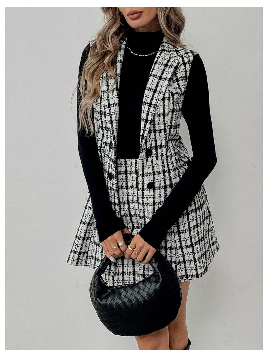 Floerns Women's 2 Piece Outfit Workwear Plaid Print Lapel Neck Vest Blazer and Skirt Set