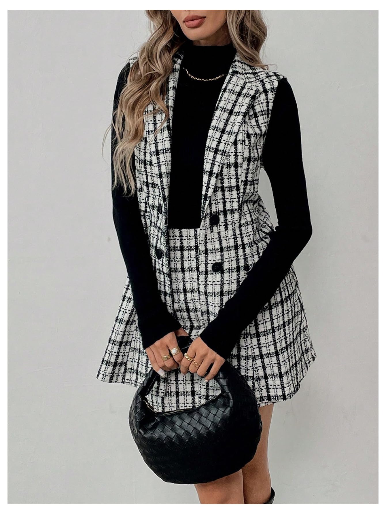 Floerns Women's 2 Piece Outfit Workwear Plaid Print Lapel Neck Vest Blazer and Skirt Set