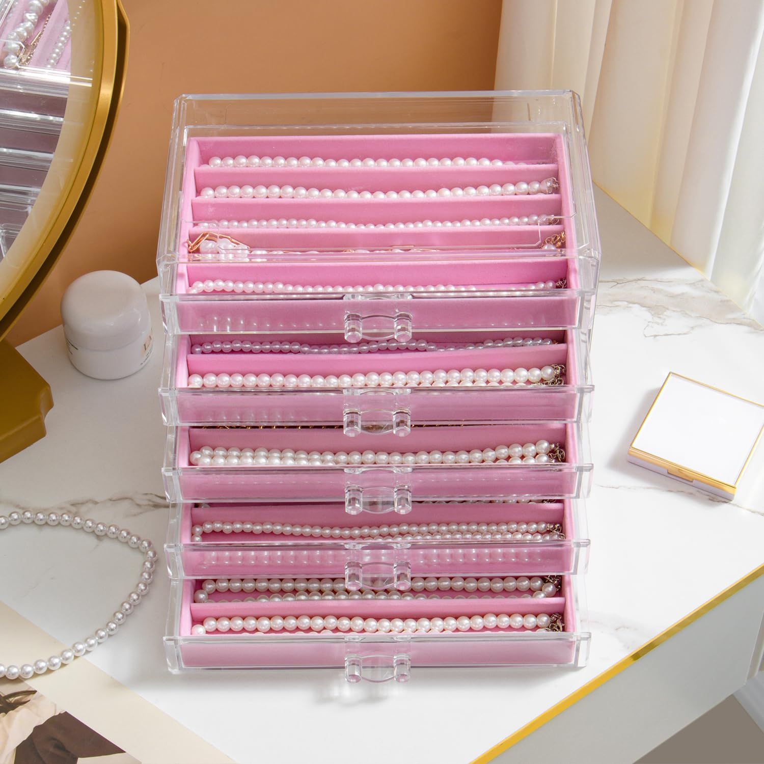 YUFONG Necklace Holder Organizer, Dustproof Necklace Box Velvet Necklace Organizer Box with Lid Clear Acrylic Dustproof Stackable Jewelry Displays for Necklaces Chain Display (Beige, 3 Drawer)