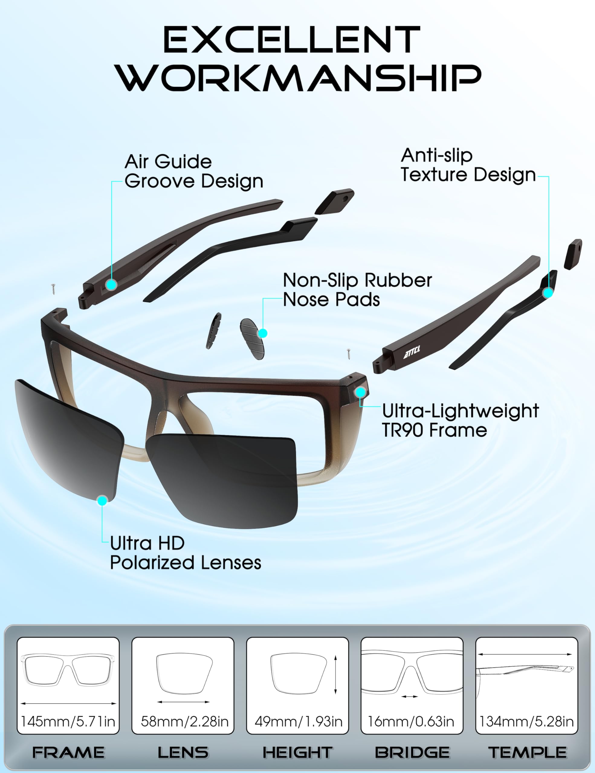 ATTCL Sports Polarized Sunglasses for Men: Secure Anti-Slip Lightweight TR90 Square Frame UV Protection for Driving Fishing