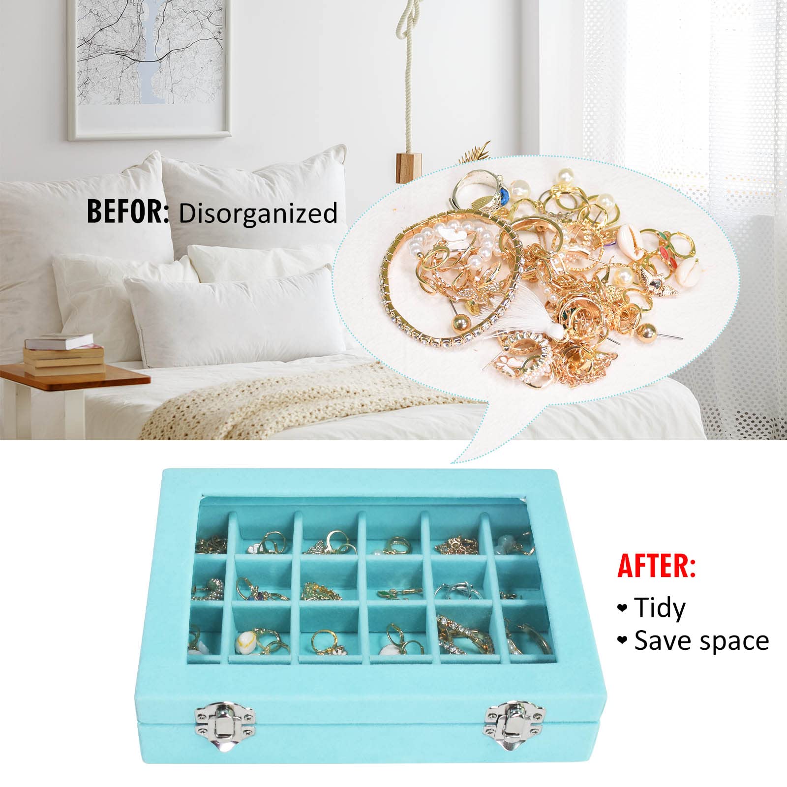 Vicoter Velvet Jewelry Box 24 Grid Jewelry Ring Display Organiser Box Tray Holder Earrings Storage Case for Girls Wife Mom Women (Beige)
